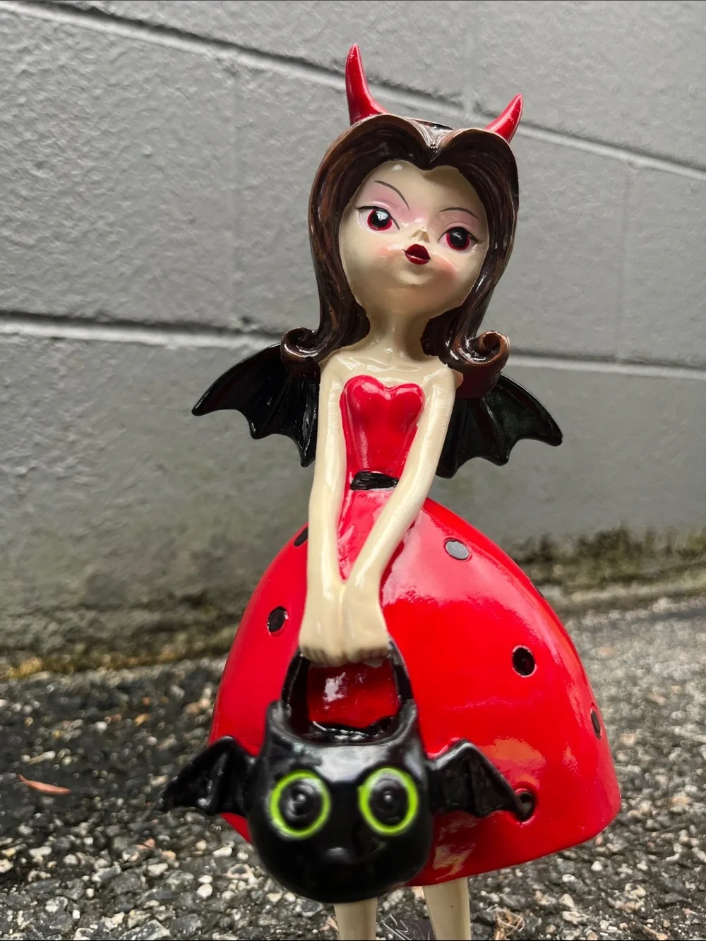 Red Devil Girl Figurine with Bat Handbag - Decorative Home Accent